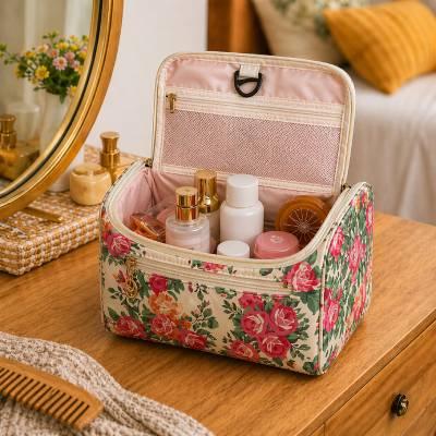 Yellow Floral Print Cosmetic Makeup Organiser