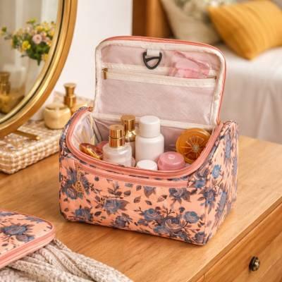 Peach Floral Print Cosmetic Makeup Organiser