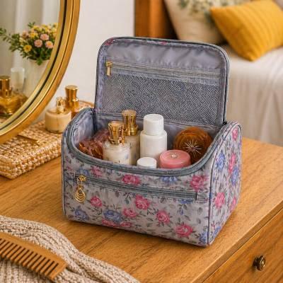 Grey Floral Print Cosmetic Makeup Organiser