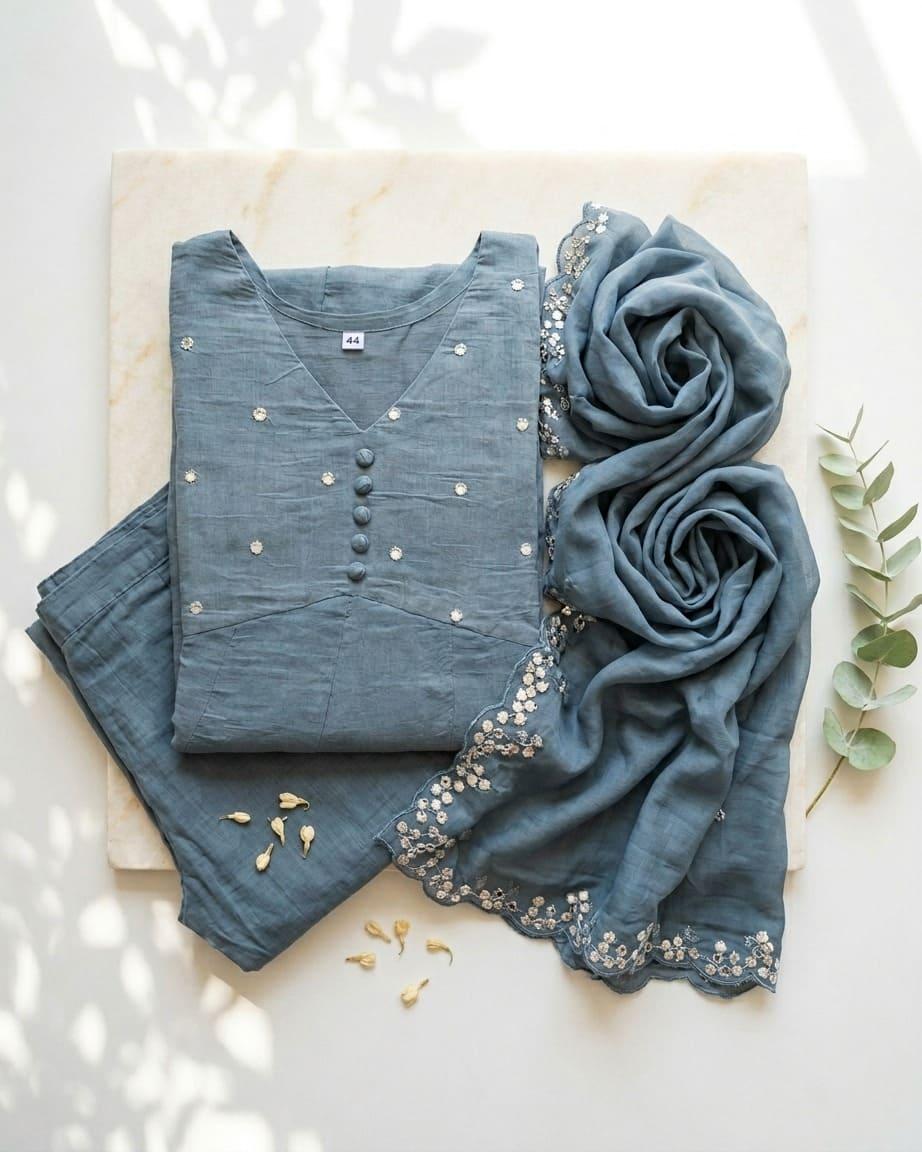 Steel Blue Mul Chanderi kurta set