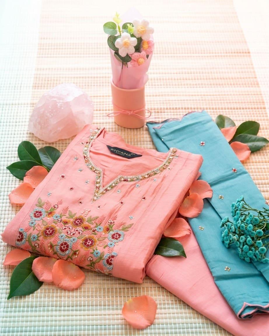 Peach Mul Chanderi with Teal Dupatta