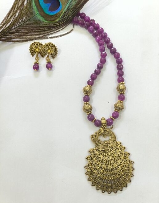 Onyx beaded chain with peacock pendent  - Jewellery by SK handcraft jewellery 