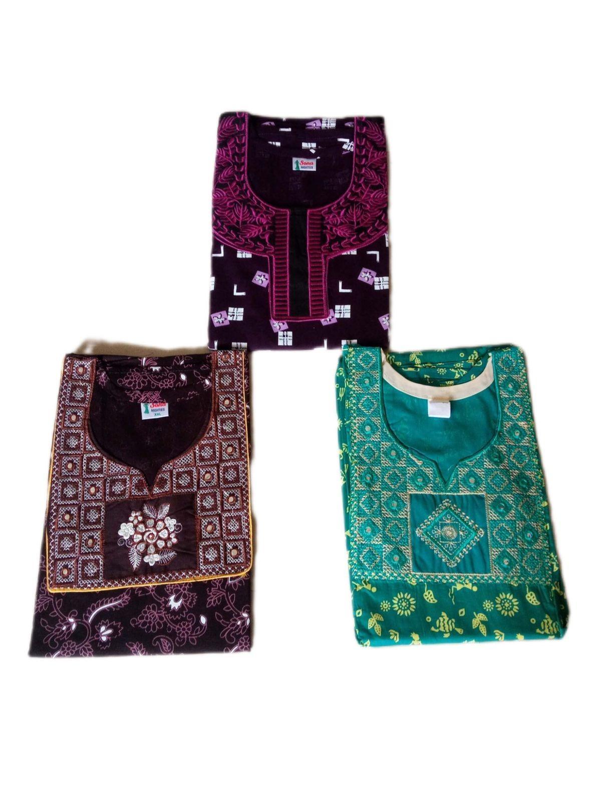 OFFER: Cotton Embroidery Nighty combo of 3 - Womens Wear by Derak Fashions